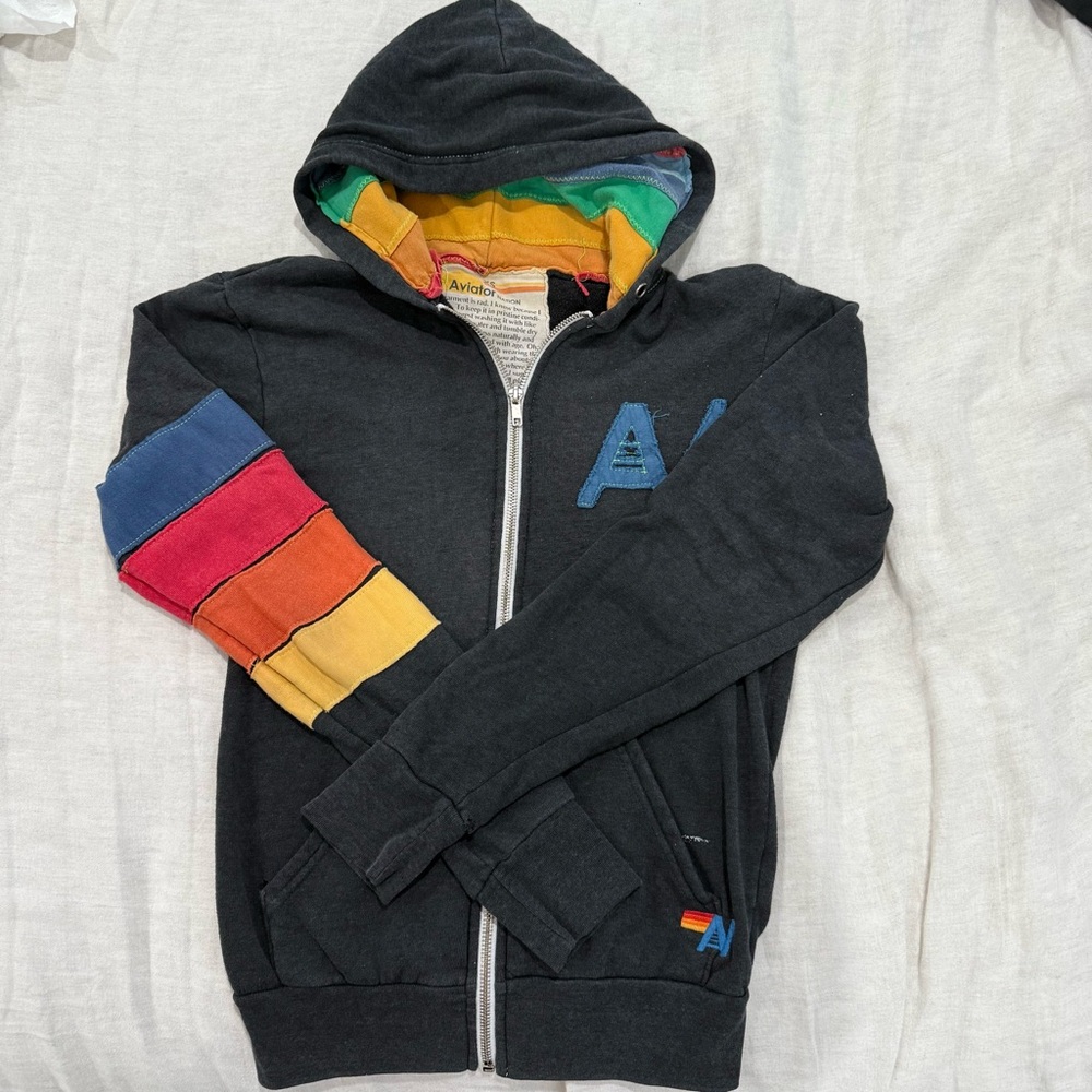 Aviator Nation Black Hoodie with Rainbow Sleeve